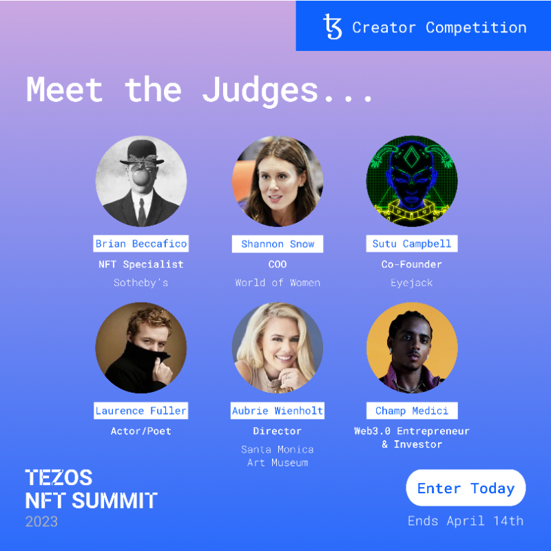 tezos's tweet photo. Submit your NFTs at
👉https://t.co/SWSGoHLTNt

Sotheby's NFT Specialist @arthemort

World of Women COO @shannonsnow_sf

Eyejack Co-Founder @eyejackapp

Santa Monica Art Museum Director @aubrie_wienholt

Web3 Entrepreneur &amp; Investor @champmedici

Actor &amp; Poet @LaurenceFuller