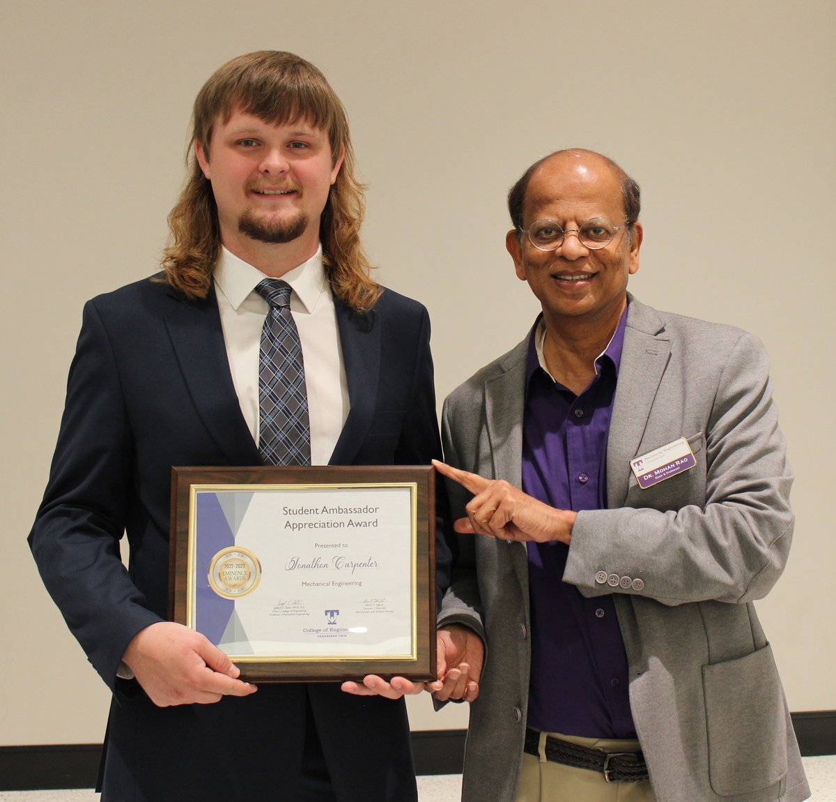 Jonathon Carpenter absolutely deserved to be recognized as an outstanding Student Ambassador, and ME Chair Dr. Mohan Rao was happy to present him with this award at the College of Engineering Eminence &amp; Spectrum Awards. Thanks for being a great representative for us, Jonathon!