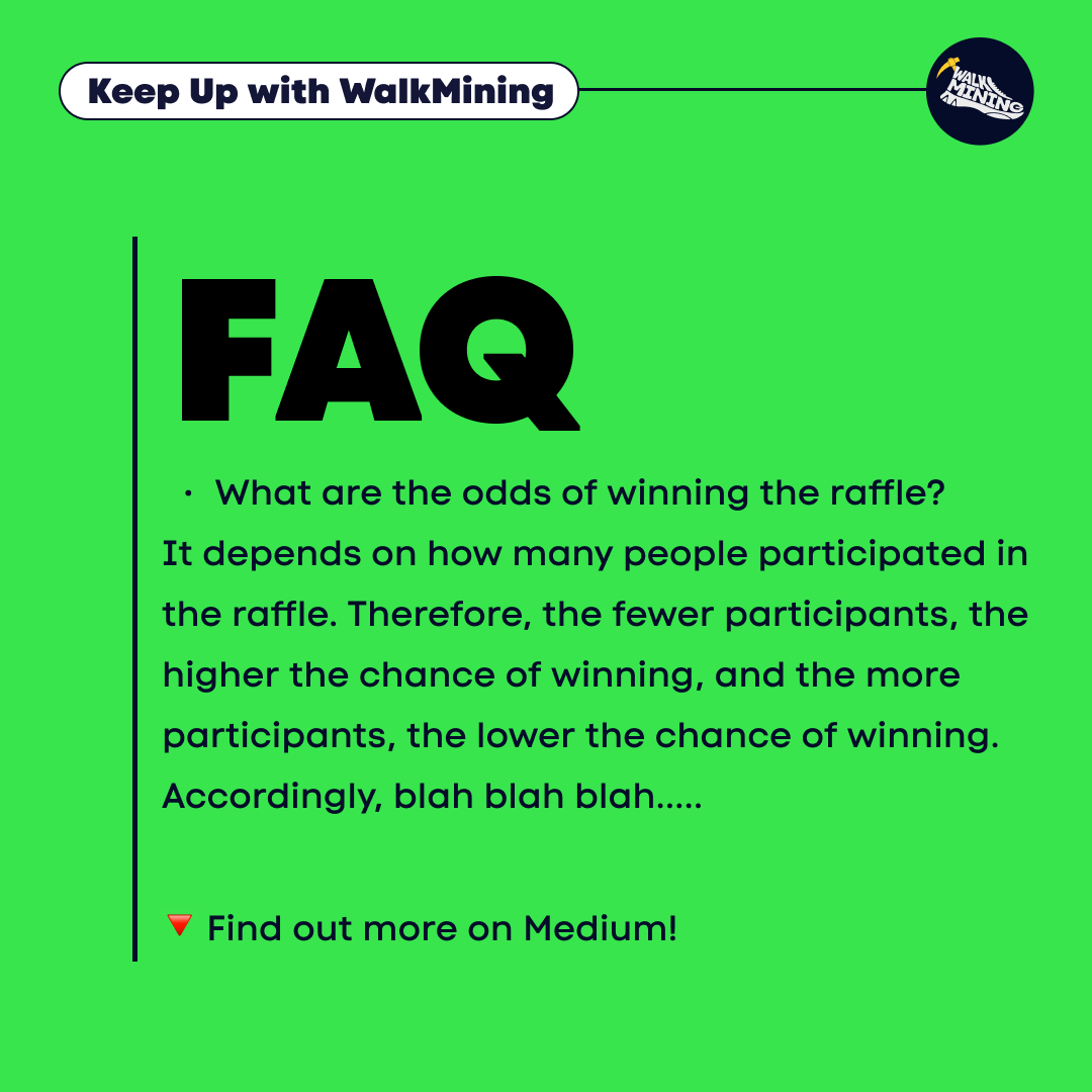 WalkMining's tweet photo. 📣 #WalkMining Rewards Shop FAQ 🤔

👉 When does the raffle end? 
👉 Is the raffle winners list going to be announced? 
👉 What are the odds of winning the raffle?
Get answers to these and more FAQs in our
📍 https://t.co/fZsUVVlBdr
#FreeM2E #mining #Rewards https://t.co/FgV9boA1Gr