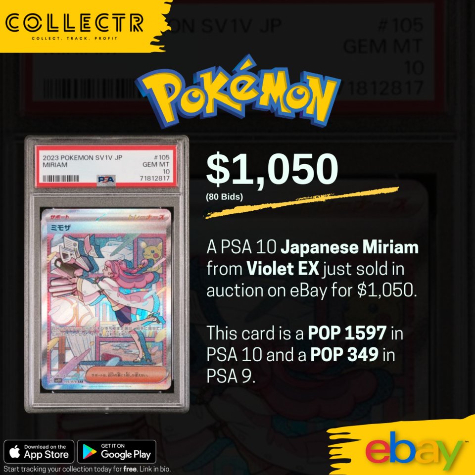 getcollectrapp's tweet photo. A #PSA 10 #Japanese #Miriam from #VioletEX just sold in auction on #eBay for $1,050.
#pokemon #pokemontcg #psa10 #japanesepokemon #pokémon https://t.co/YHgnpVemld
