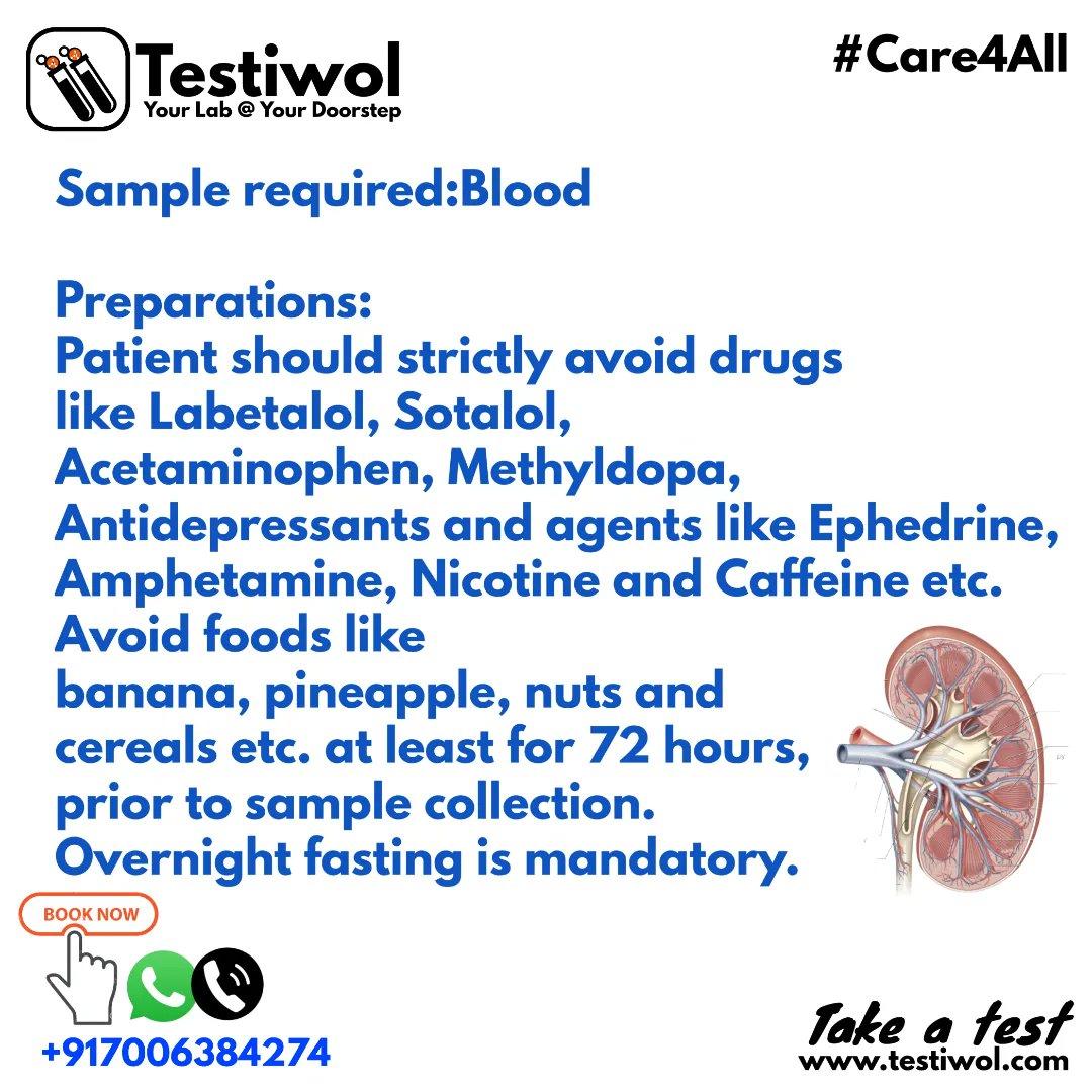 Sample required: Blood

Preparations:Patient should strictly avoid drugs 
Avoid foods like banana, pineapple, nuts and cereals etc. at least for 72 hours, prior to sample collection. Overnight fasting is mandatory
#testiwol
#yourlabatyourdoorstep #care4all #care #TIPL #SDPL