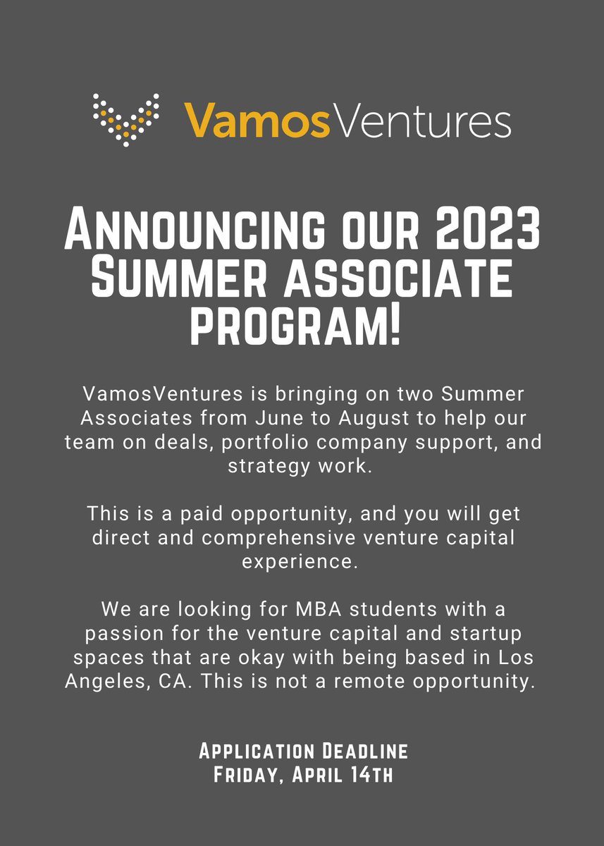 📣 Calling all MBA students interested in VC! We are kicking off the 4th year of our Summer Associate Program

The program is…
💸 Paid
🌇 Based in Los Angeles, CA, at our HQ in DTLA
☀️ Runs from June to August

If interested, please apply here by 4/14: airtable.com/shrwextfkNF8Ll…