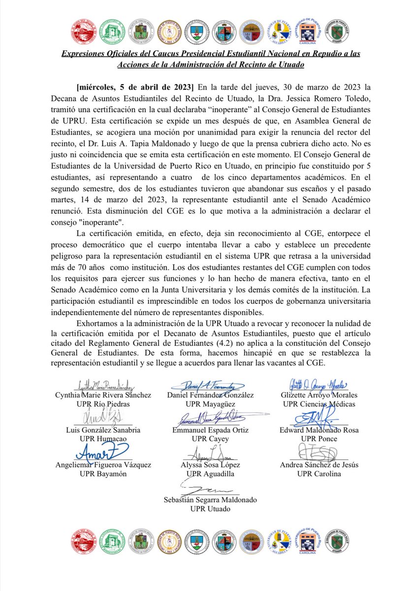 Las presidencias de los Consejos Generales de Estudiantes de los recintos de la <a href="/upr_oficial/">Universidad de Puerto Rico - UPR</a> se unen en una sola voz para denunciar las acciones de la administración de la UPR-Utuado. 
Su reclamo es contundente en pro de la representación estudiantil en espacios de gobernanza.
