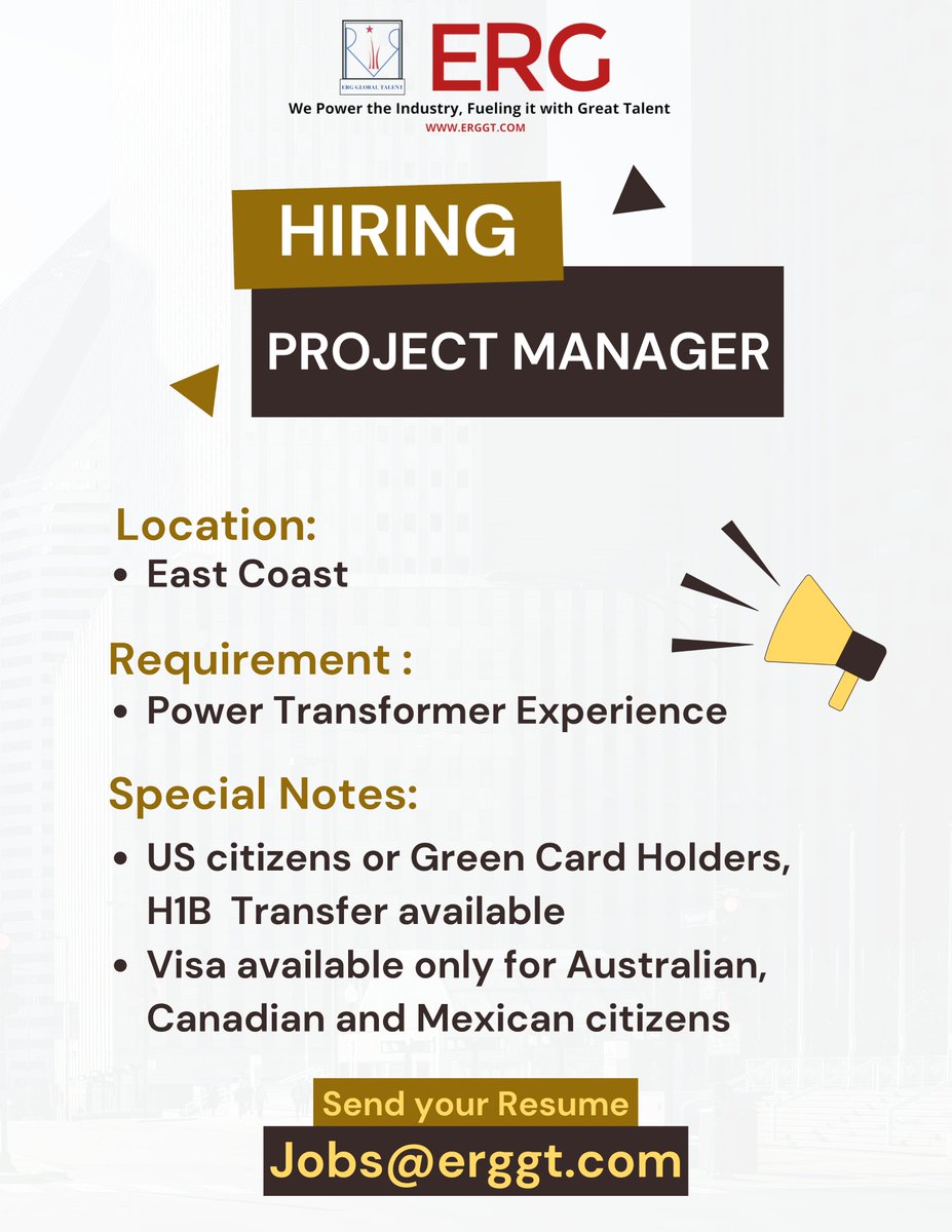 #WeAreHiringNow
Project Manager

Send your resume to jobs@erggt.com

#powertransformer #transformer #hiring #job #wearehiring #openjobs #projectmanager #projectmanagement #projectmanagerjobs #hiringnow #nowhiring #usajobs #openfornewopportunities #electrical #power