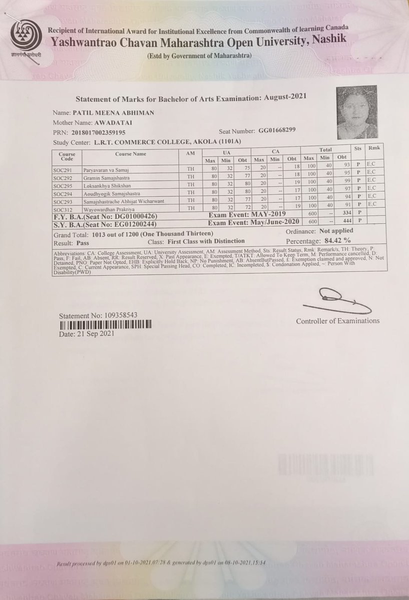 MeenaPatil14's tweet photo. L.R.T college, Akola येथे यशवंतराव चौहान मुक्त विद्यापीठ मधून  B.A Sociology मध्ये First class with distinction डिग्री घेताना  खूप खूप आनंद होत आहे😊🎉🎓👩‍🎓🏆🏅✌️ https://t.co/L4N1JGzR36