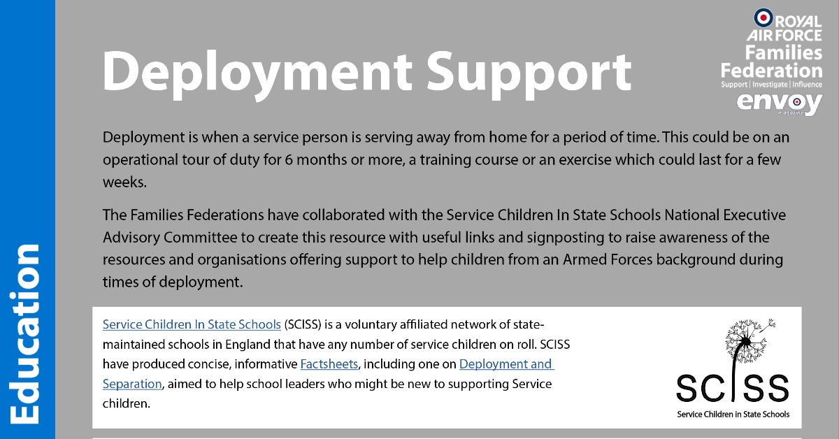 RAF Families Federation (@raf_ff) on Twitter photo We are excited to share a new resource developed in collaboration with <a href="/SCISS_NEAC/">SCISS</a>, <a href="/The_NFF/">Naval Families Federation</a> and <a href="/The_AFF/">AFF</a> to raise awareness of the support available to Service families and schools during times of deployment and separation 👉bit.ly/3KdL4KN
<a href="/RAFHIVE/">RAF HIVE</a> <a href="/EPT_AFFS/">Education Policy Team from the MOD</a> #MotMC We are excited to share a new resource developed in collaboration with <a href="/SCISS_NEAC/">SCISS</a>, <a href="/The_NFF/">Naval Families Federation</a> and <a href="/The_AFF/">AFF</a> to raise awareness of the support available to Service families and schools during times of deployment and separation 👉bit.ly/3KdL4KN
<a href="/RAFHIVE/">RAF HIVE</a> <a href="/EPT_AFFS/">Education Policy Team from the MOD</a> #MotMC