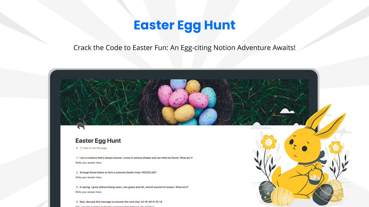 🐰 Happy Easter! 🥚🌷 If you're looking for a fun way to celebrate, check out the Notion Easter Egg Hunt template in the official gallery! 🐣🎉 notion.so/templates/east… #Notion #Easter #Template #ProductivityHack