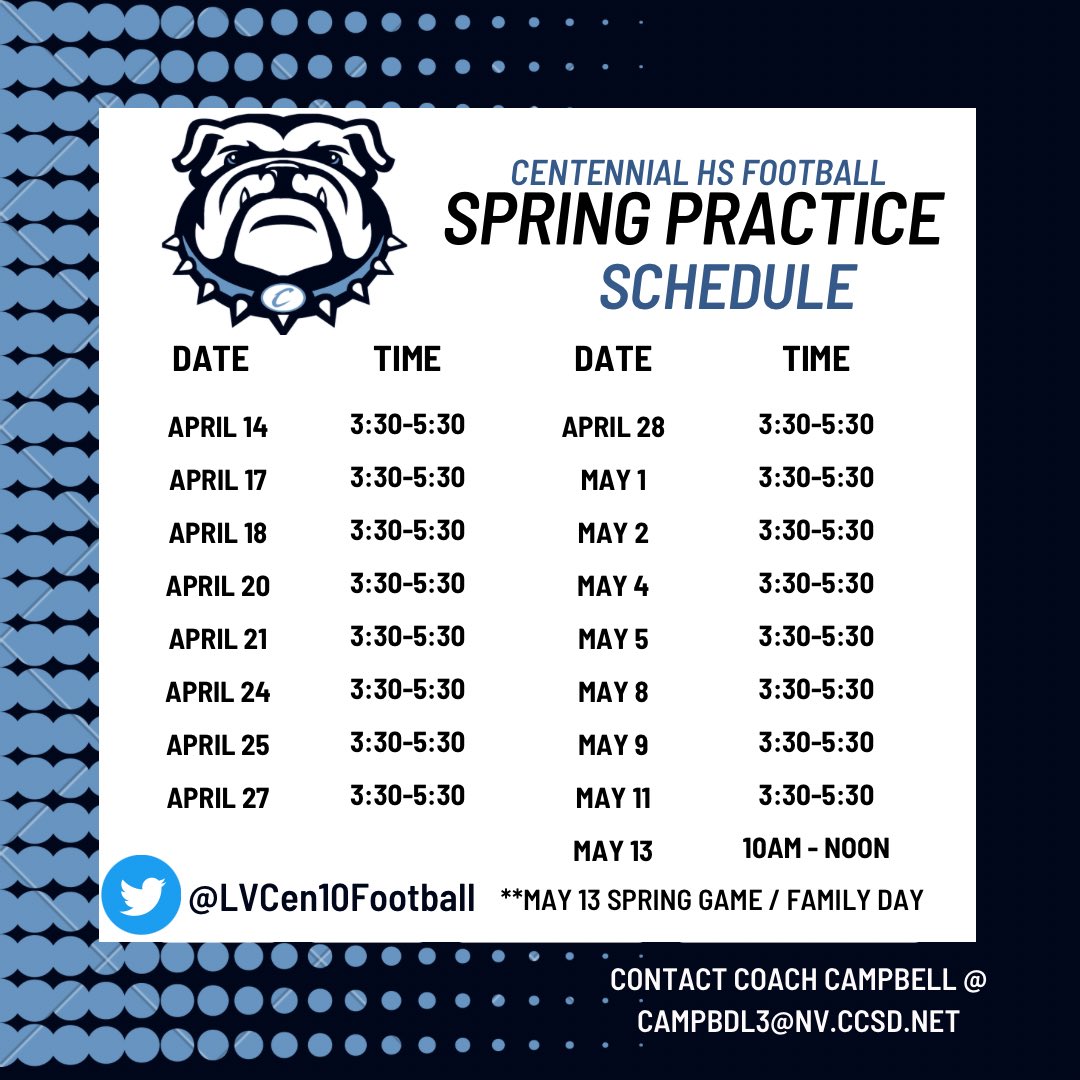 LVCen10Football (@lvcen10football) on Twitter photo Spring Ball is around the corner! All athletes must be registered in RMA to participate.
For questions please contact Coach <a href="/DJ_Campbell26/">DJ Campbell</a>
#GoDawg #EarnIt #ScoreFromFar Spring Ball is around the corner! All athletes must be registered in RMA to participate.
For questions please contact Coach <a href="/DJ_Campbell26/">DJ Campbell</a>
#GoDawg #EarnIt #ScoreFromFar