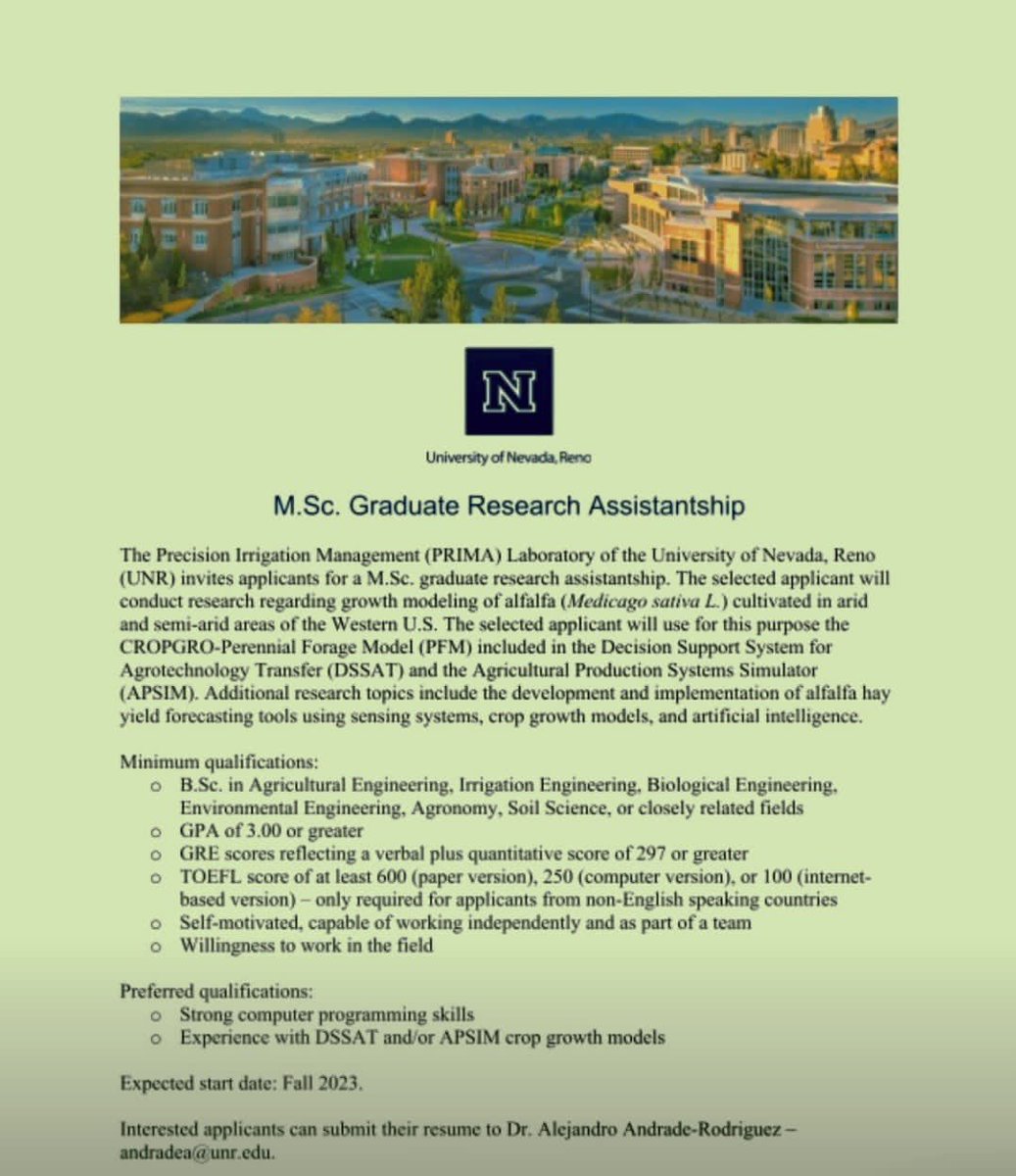 M.Sc. Graduate Research Assistant opportunity is available at University of Nevada, Rena. Share with your friends and family. #internationalstudents #Uk #universityofnevada #USA #MSc