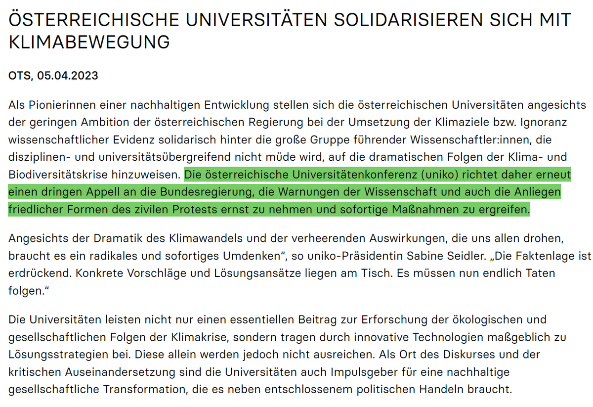 Als sich am 10.1. Wissenschafter*innen hinter <a href="/letztegenAT/">Letzte Generation Österreich</a> stellten, war das ein riskantes Novum. Jetzt stellen sich alle österreichischen Universitäten explizit hinter uns - und noch besser: sie selbst "solidarisieren sich mit der Klimabewegung". 
Bin beeindruckt. Danke. 👏👏