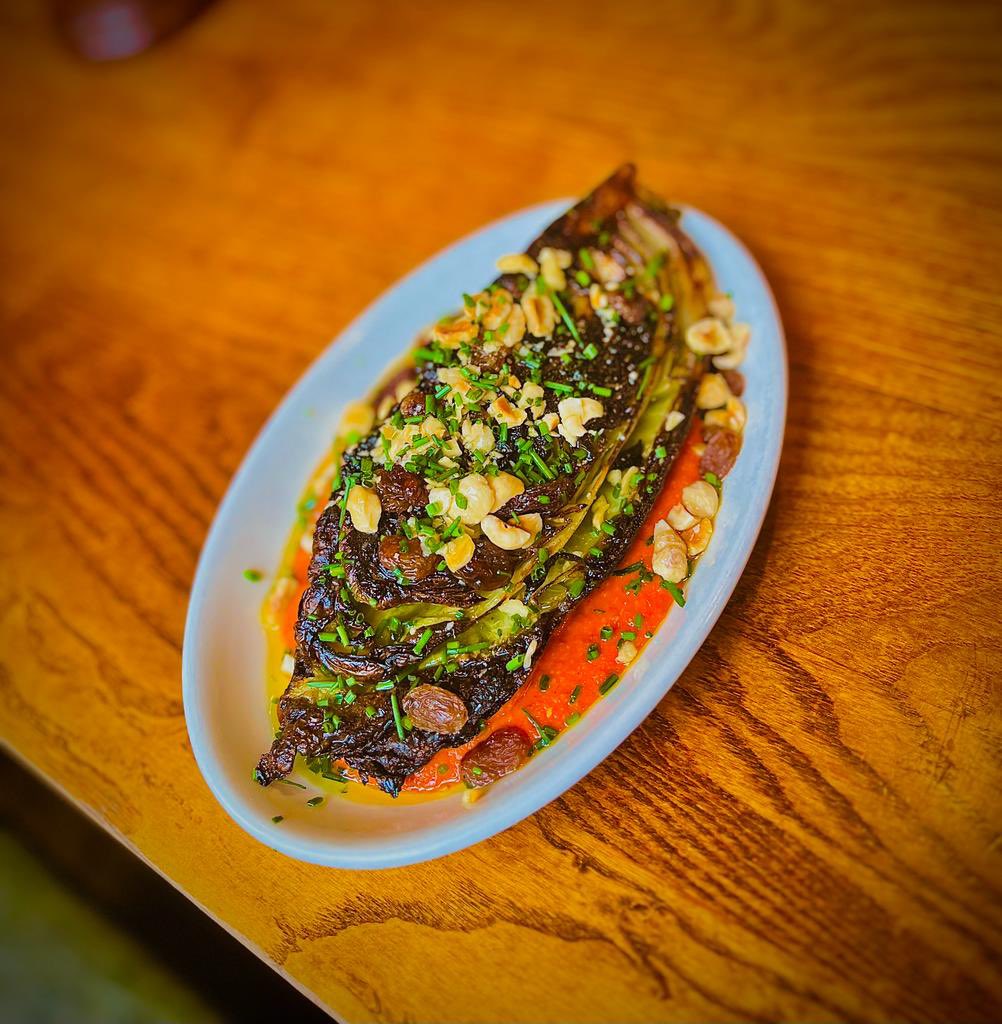 On special from 5 is a charred hispi cabbage, hazelnuts, sultana’s and romesco sauce.