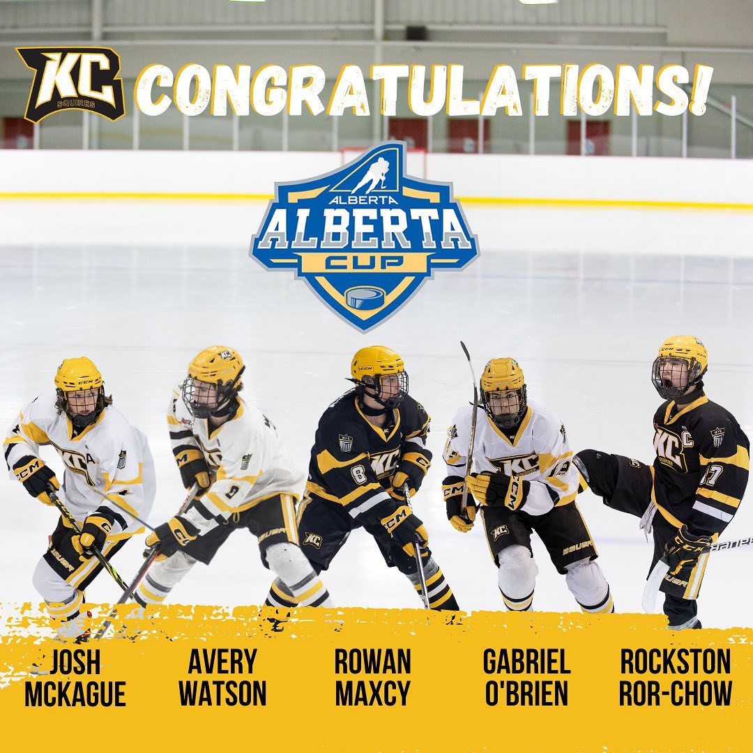 CONGRATULATIONS to five KC U15AAA Squires players selected to participate in the @HockeyAlberta  ALBERTA CUP!! Big stick tap to  Gabe O’Brien, Josh McKague, Rockston Ror-Chow, Avery Watson, and Rowan Maxcy #LetsGoKC #clubhockey #albertacup #u15aaa #albertabuilt