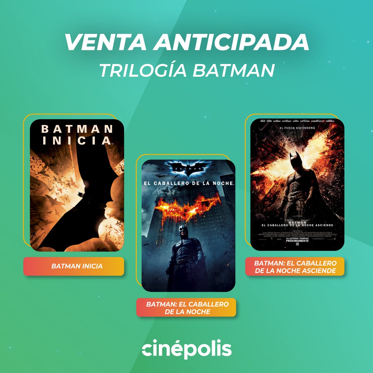 cinepolisarg's tweet photo. PREVENTA 🦇 ¡Reviví en pantalla grande la trilogía de #ChristopherNolan sobre #Batman! 🦇

13/04 • Batman Inicia
20/04 • Batman: El caballero de la noche
27/04 • Batman: El caballero de la noche asciende.

Comprá tus entradas anticipadas en https://t.co/ac7ixXg7al https://t.co/oK9vEnfYu7