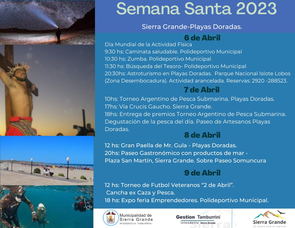 PlayasDoradas's tweet photo. SEMANA SANTA CARGADA DE ACTIVIDADES:

Sierra Grande y Playas Doradas se preparan para recibir la Semana Santa con un amplio cronograma de actividades.

https://t.co/hDPDrrG2gV https://t.co/UudCgWfeQo