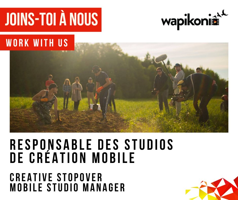 Nous sommes présentement à la recherche d'un.e responsable des Studios de création mobile.
Visite notre site internet pour plus d'informations sur le poste et pour poser ta candidature avant le 28 avril :
evenementswapikoni.ca/offres-d-emploi