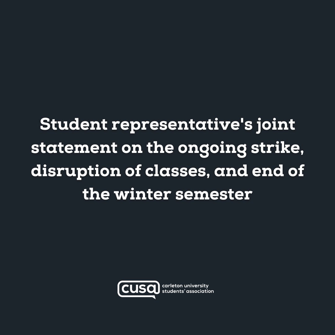 cusaonline's tweet image. Student representatives of Carleton University are calling on University administration to put an end to the ongoing strike by coming to a fair agreement with @cupe4600.