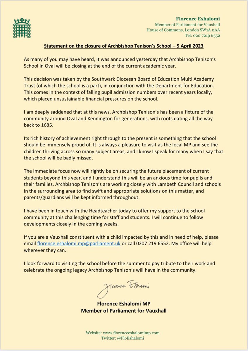 FloEshalomi's tweet photo. My statement on the sad news that Archbishop Tenison's School in Oval will be closing: https://t.co/gXOIWhHFyD