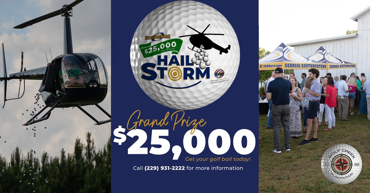 It's that time of the year! 🚁 Get your golf ball(s) TODAY!

The Hail Storm is FRIDAY, MAY 12 at Wolf Creek Plantation. 🎉🥂 Food from The Canterbury Kitchen, complimentary drinks from Wolf Creek Plantation &amp; Thirteenth Colony Distilleries &amp; live music
🎟️: brushfire.com/gswcanes/hails…
