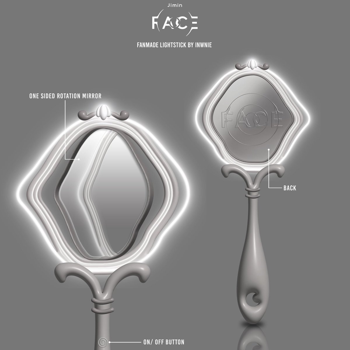 inwnie_'s tweet photo. what if jimin had a ‘face’ lightstick? 

fanmade lightstick by me (: 
the shape of the lightstick is inspired by a hand mirror which represents jimin’s album about facing himself https://t.co/zk5JnSdzWo