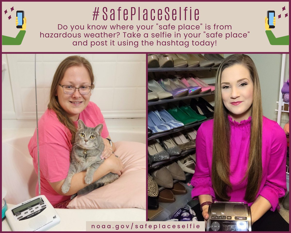 🌪#1 preparedness action YOU can take: Know your safe place when severe weather threatens.

➡️Our safe place from tornadoes includes an interior room, weather radio, flashlight, & pets!

🤳Show us YOUR safe place from hazardous weather. Snap a selfie & tag #SafePlaceSelfie