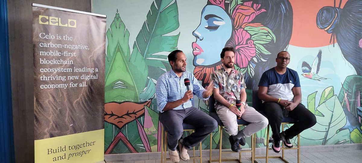 Celo's tweet photo. Celo's @RegenRene in a fireside chat with @felixmacharia_ @kotanipay, @AniVallabhanen1 @RegenOrganics (@Sanergy_Collab) at #CeloLocal Nairobi π https://t.co/nz7o3rseUZ
