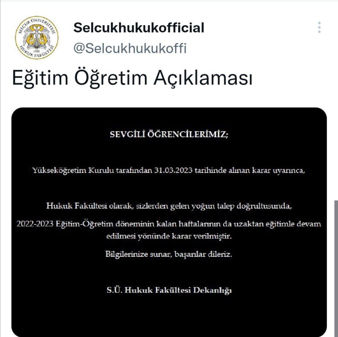 Selçuk Üniversitesi Hukuk Fakültesi Dekanlığı,üniversite öğrencilerinin taleplerini hiçe sayarak,uzaktan eğitime devam etme kararı verdi.

Hukuk Fakültesi öğrencilerine karşı alınan bu kararı, kabul etmiyoruz.

#selcukhukukhibrit #selcuküniversitesi