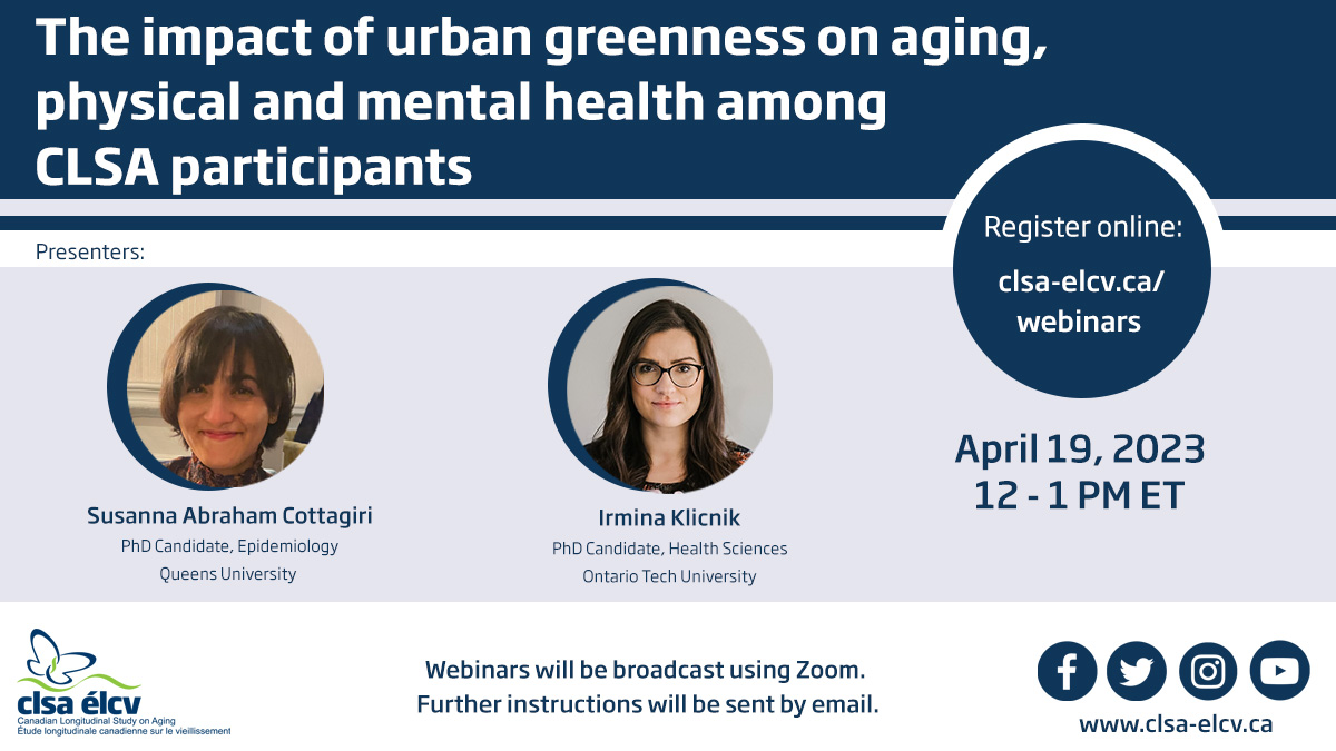 clsa_elcv's tweet photo. It's the next #CLSAWebinar, just in time for spring! 🌳

Trainees @SCottagiri of @queensu (s. @pjvilleneuve) and @IKlicnik of @ontariotech_u (s. @DrSDogra) present the effects of neighbourhood greenness on aging, physical &amp; mental health.

Register here: https://t.co/pE4WIhCcGy https://t.co/3OpeWe2ask