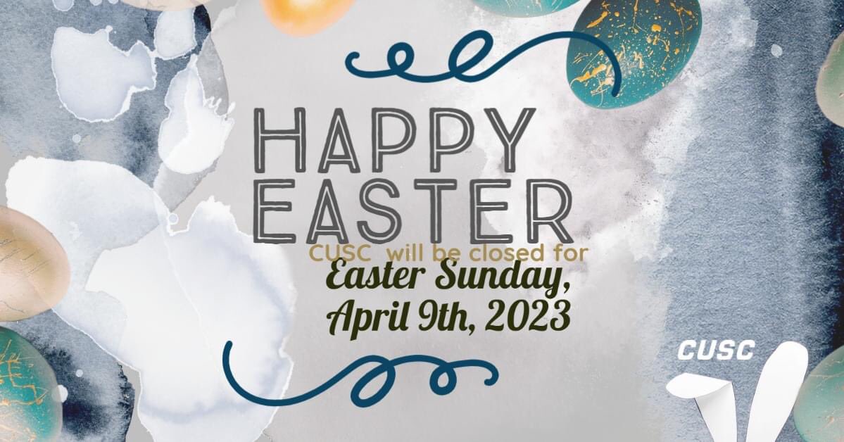 All locations will be closed this Sunday for Easter. We hope that the staff of CUSC and the members enjoy their day! We will be back to our normal hours on Monday! 

 #creditunion #Moore #MidwestCity #Norman #creditunions #ou #Yukon #creditunionsrock #CUSCOklahoma