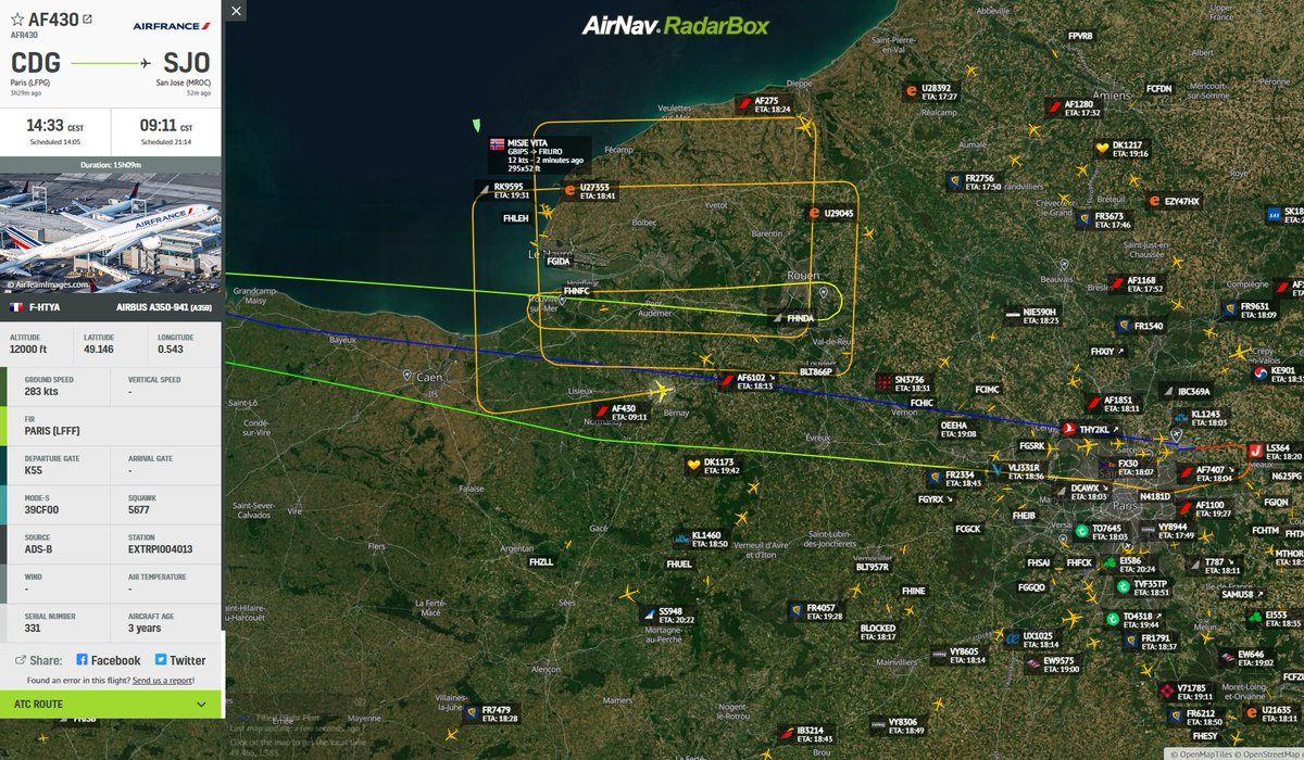 AirNavRadar's tweet photo. Air France #AF430 from Paris (CDG) to San Jose (SJO) is currently holding near Paris:
https://t.co/Tcqv8pR0YA ✈️
#AirFrance #FlightEmergency #Squawk7700 https://t.co/hGeEJcEXUz