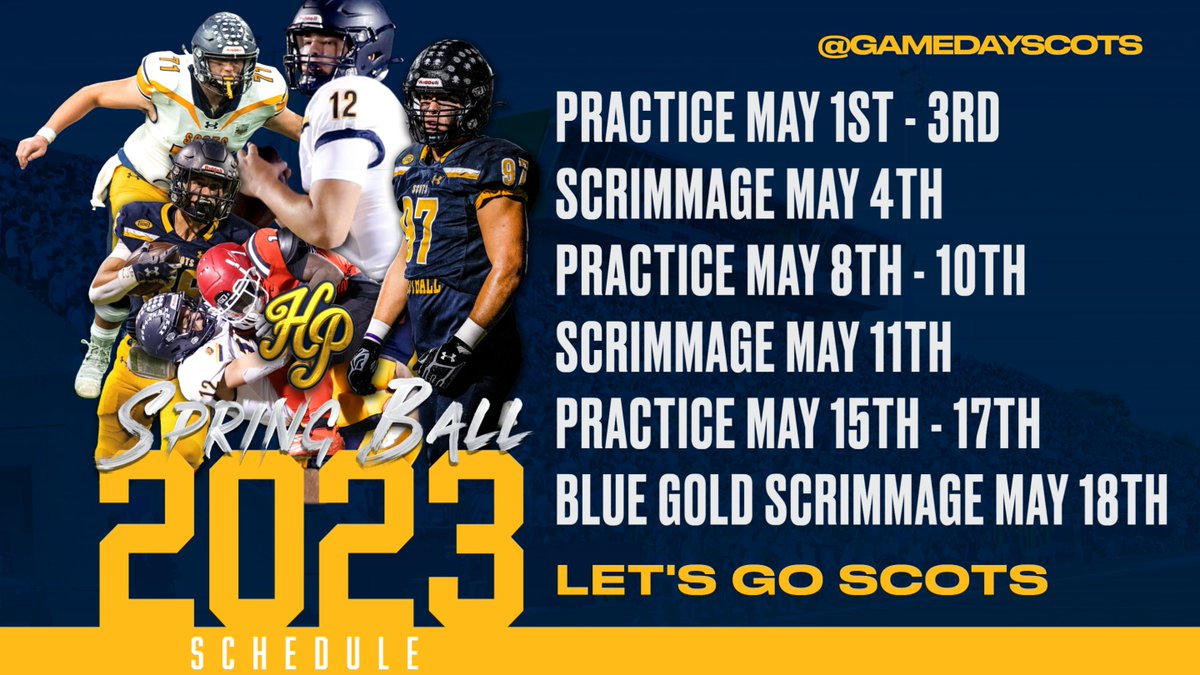 College Coaches! Here is the Scots Spring Schedule, and we would love for you to visit Highlander. Contact HP's recruiting coordinator, Coach Chip Burt, and see what is unique about our winning program and players. @burt_chip @UncleFraz @On3Recruits @247Sports