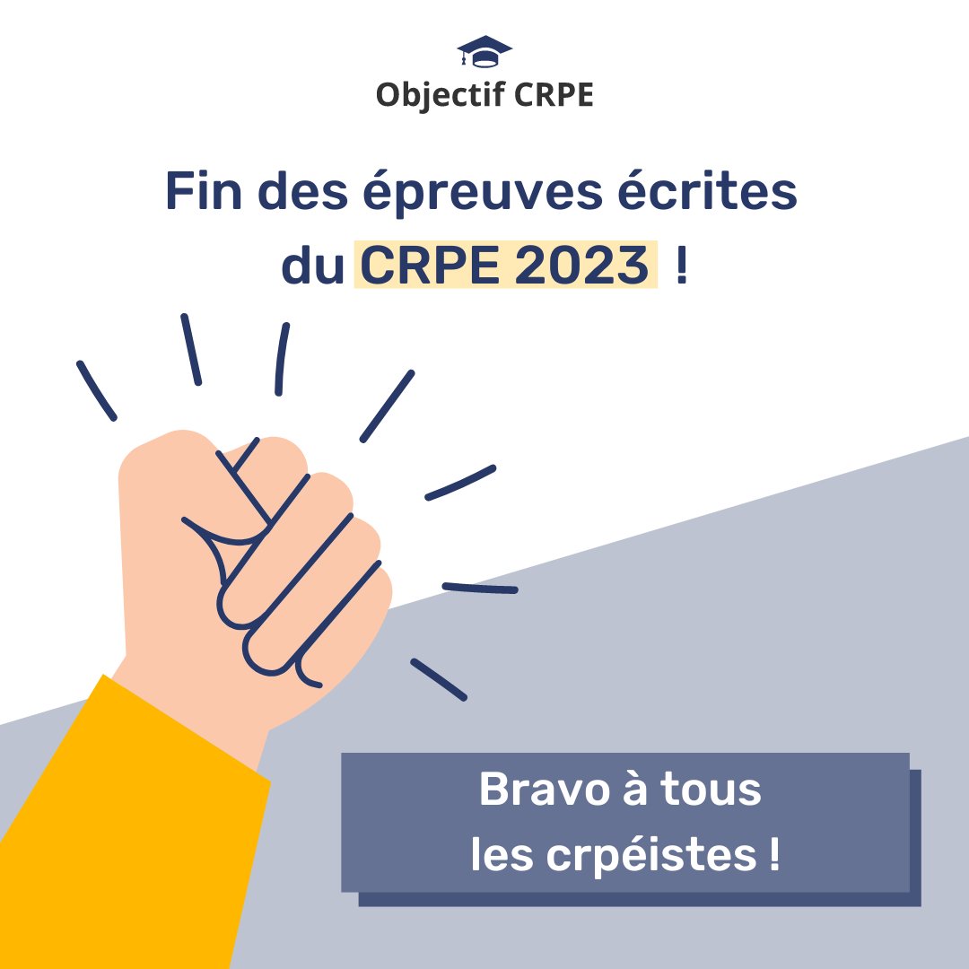 ObjectifCrpe's tweet photo. Bravo à tous les crpéistes ! 🎉
Après des mois de préparation, vous avez désormais terminé les épreuves écrites du CRPE. Vous pouvez être fier(e)s du travail que vous avez accompli ! 💪
#crpe #crpe2023 #crpeiste #professeurdesecoles #objectifCRPE https://t.co/gN5RuJqcW5
