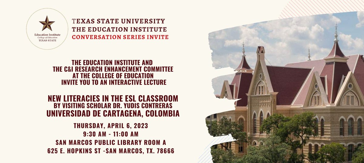 TEI_txst's tweet photo. Invitation to researchers and practitioners interested in "New Literacies in the ESL Classroom" on April 6 at 9:30 AM, at San Marcos Public Library Room A
RSVP: https://t.co/8ELQooxcf9
#ESL #ESLliteracy
@worldlangtxst
@APCETXST_PhD
@TxStateAdultEd
@DevEdTxSt https://t.co/ClhecIE1FZ