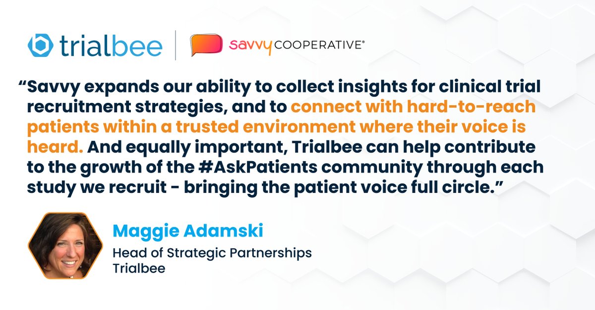 <a href="/Trialbee/">Trialbee</a> 🤝 <a href="/savvy_coop/">Savvy Cooperative | #AskPatients</a>

Learn more about our partnership with Savvy Cooperative, the first patient-owned platform that empowers patients to use their health experiences to advance research, resources, and product development: bit.ly/3JQBe1n