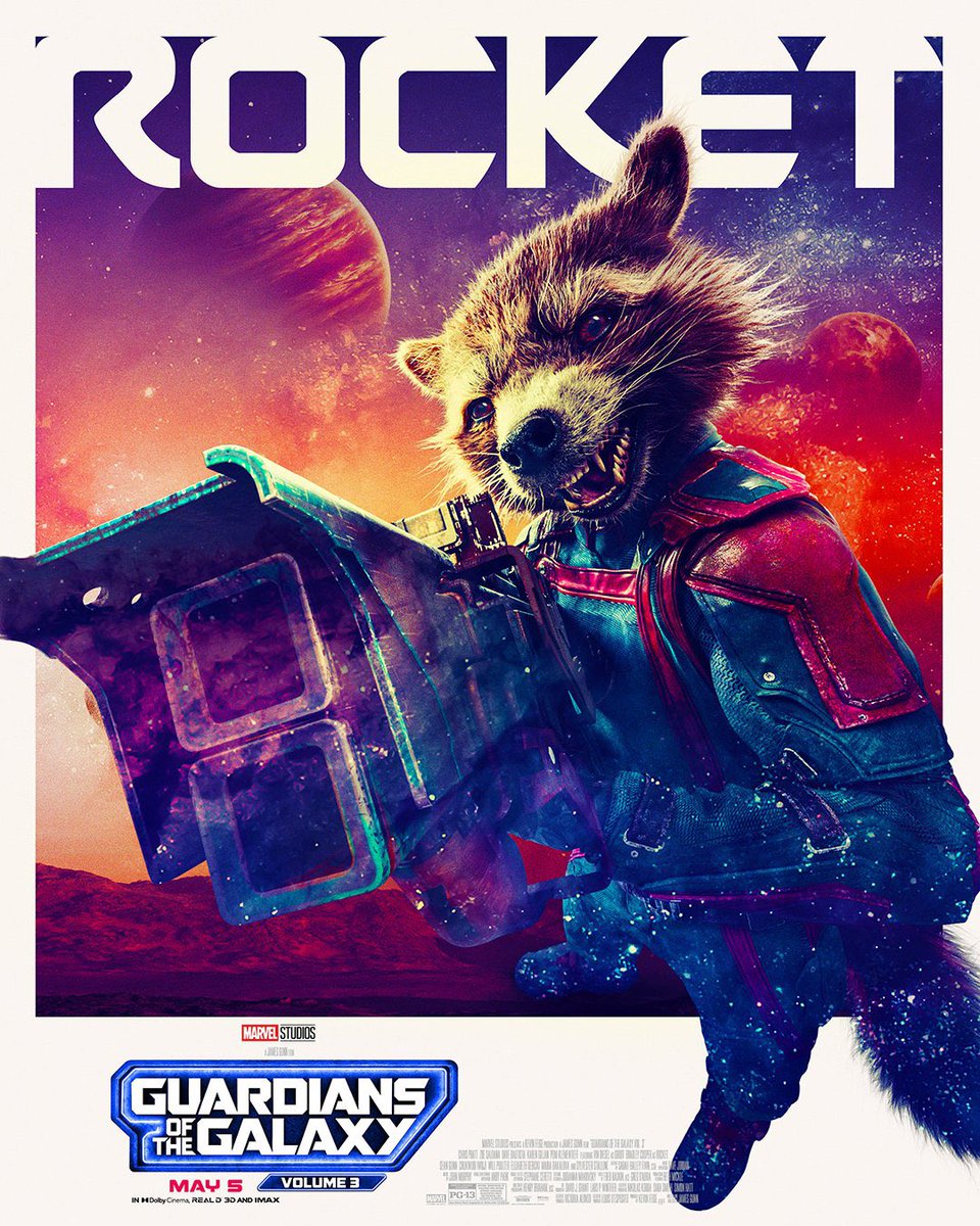 DiscussingFilm's tweet photo. First posters for Star-Lord, Gamora, Rocket and Groot in ‘GUARDIANS OF THE GALAXY VOL 3’. https://t.co/r8gdXmoPtv