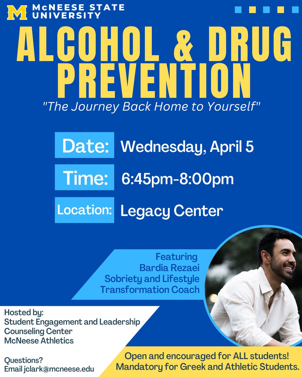 Come see us in the New Ranch for information on alcohol and other drugs until 1pm. And join us tonight to hear our guest speaker, Bardia Rezaei, discuss his experience with alcohol.