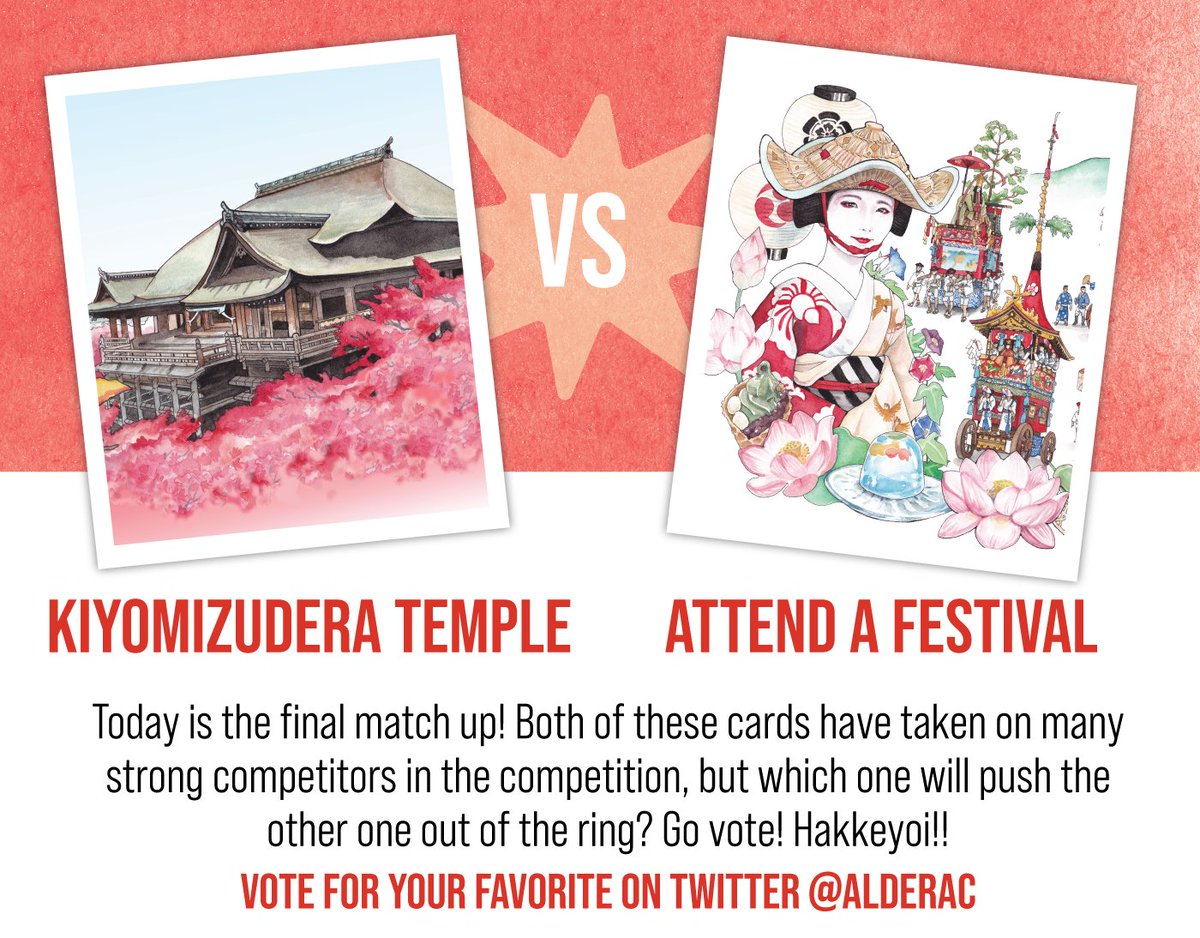 alderac's tweet image. GRAND FINALE of the #LetsGoToJapan Sumo Tournament! We have two cards looking to be #1 🏆🏅 

✨️Kiyomizudera Temple vs. Attend a Festival!✨️

Tune in our Kickstarter Page to see the full bracket:  
kickstarter.com/projects/alder…

Vote now in the comments!
