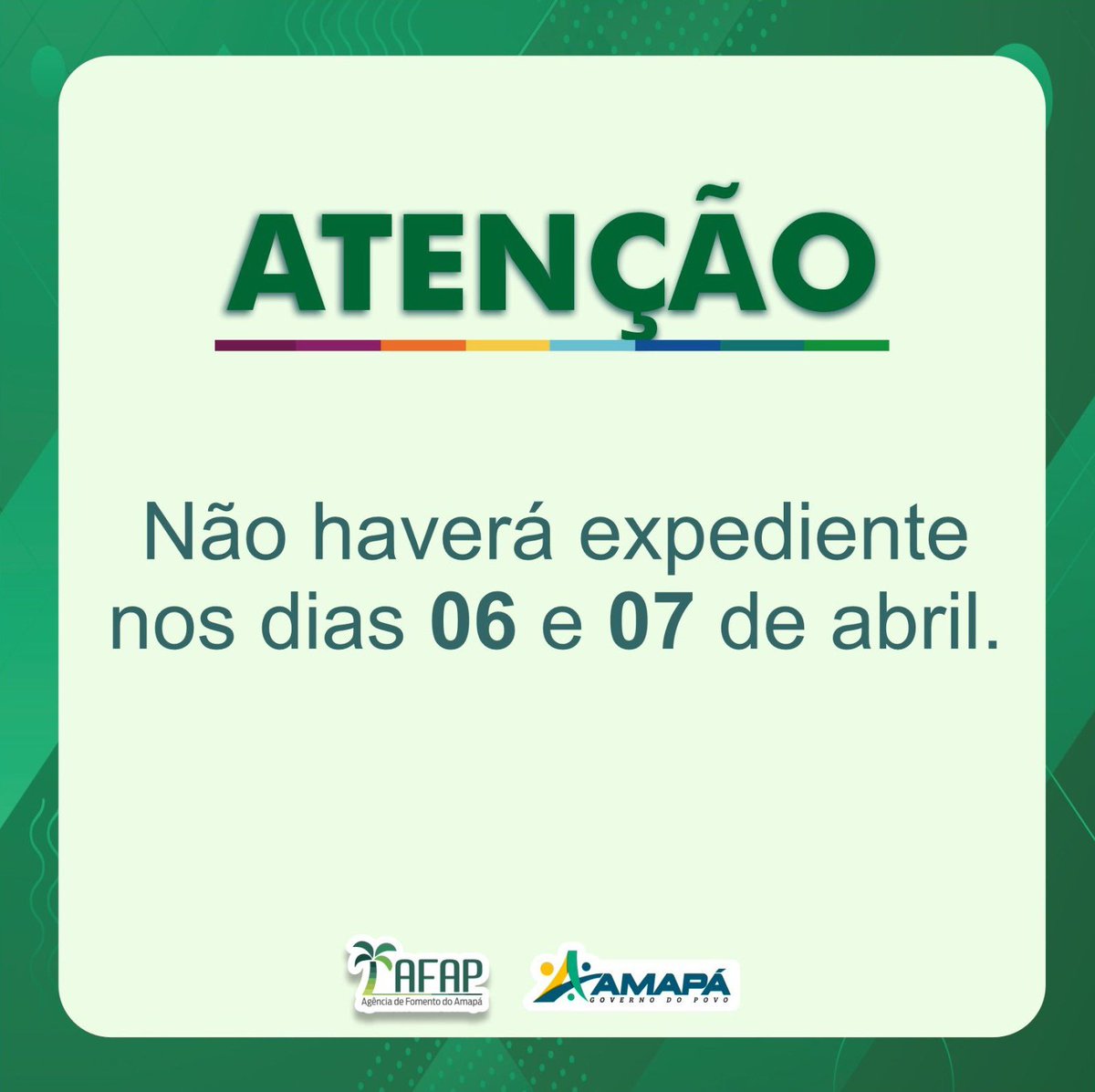 afap_amapa's tweet image. Devido aos feriados da Semana Santa, a Agência de Fomento do Amapá (Afap) comunica que nos dias 06 e 07 de abril de 2023, NÃO haverá expediente. 

Retornamos dia 10/04, no horário das 8h às 14h.