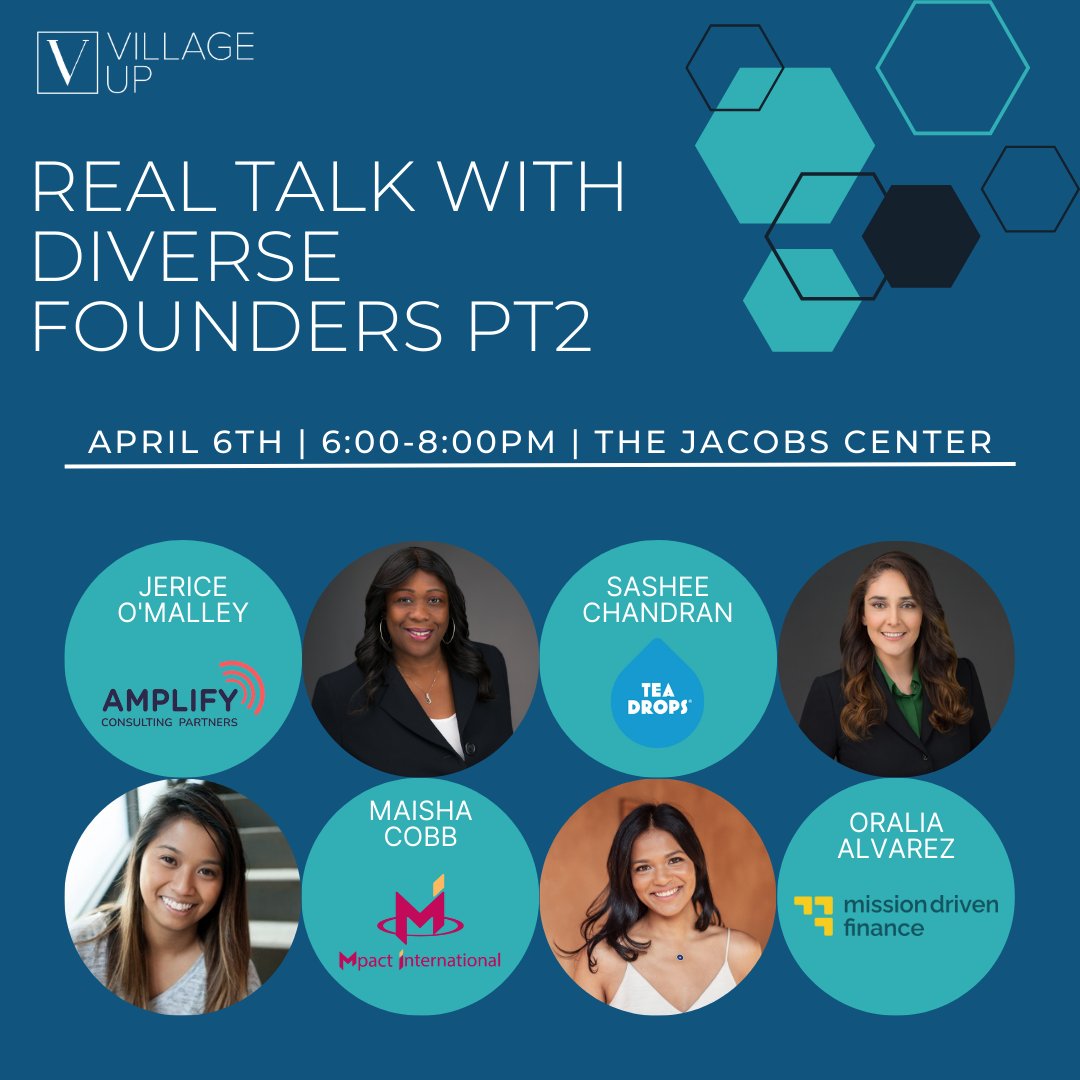 Our Real Talk With Diverse Founders Part 2 Event is tomorrow from 6-8pm at The Jacobs Center for Neighborhood Innovation! Join us for an intimate dialogue with guest speakers: Jerice O'Malley, Maisha Cobb, Sashee Chandran, and Oralia Alvarez!  

RSVP at: villageup.ticketleap.com/realtalkpt2/
