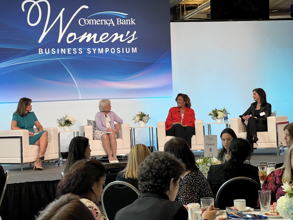 ComericaBank's tweet photo. Our Conversations at Comerica Panel, moderated by Deena Centofanti, featuring Carolyn Cassin, Nicole Lewis, and Ronia Kruse is a go! #ComericaWBS https://t.co/0DiSQ8fodI