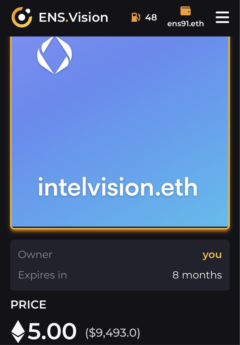 🧑🏻‍💻 Intelvision at 5E - Limited time offer.  Much more on my  #ensvision profile. #ens #domainname #wallet #ETH  #nft #Web3Names #ensdomains #EnsNames #Intel  #web3domains 🔥 Link down below! opensea.io/en-US/ENS91