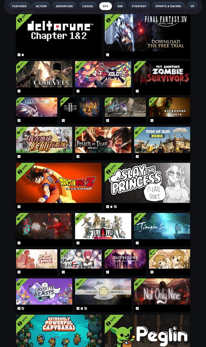 Larryzaur's tweet photo. We got trending for Steam's demo RPG page!!!

On the same list as the critically acclaimed mmo final fantasy xiv with free trial up to heavensward 🥲 https://t.co/WOVhGdmkvj