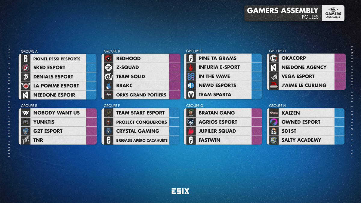 Découvrez les groupes de la <a href="/GamersAssembly/">Gamers Assembly</a> ! On vous donne rendez-vous ce week-end à Poitiers pour toujours plus de Rainbow Six 🔥 #GA2023 

À suivre en direct sur :
📺 twitch.tv/esix_france
📺 twitch.tv/swish