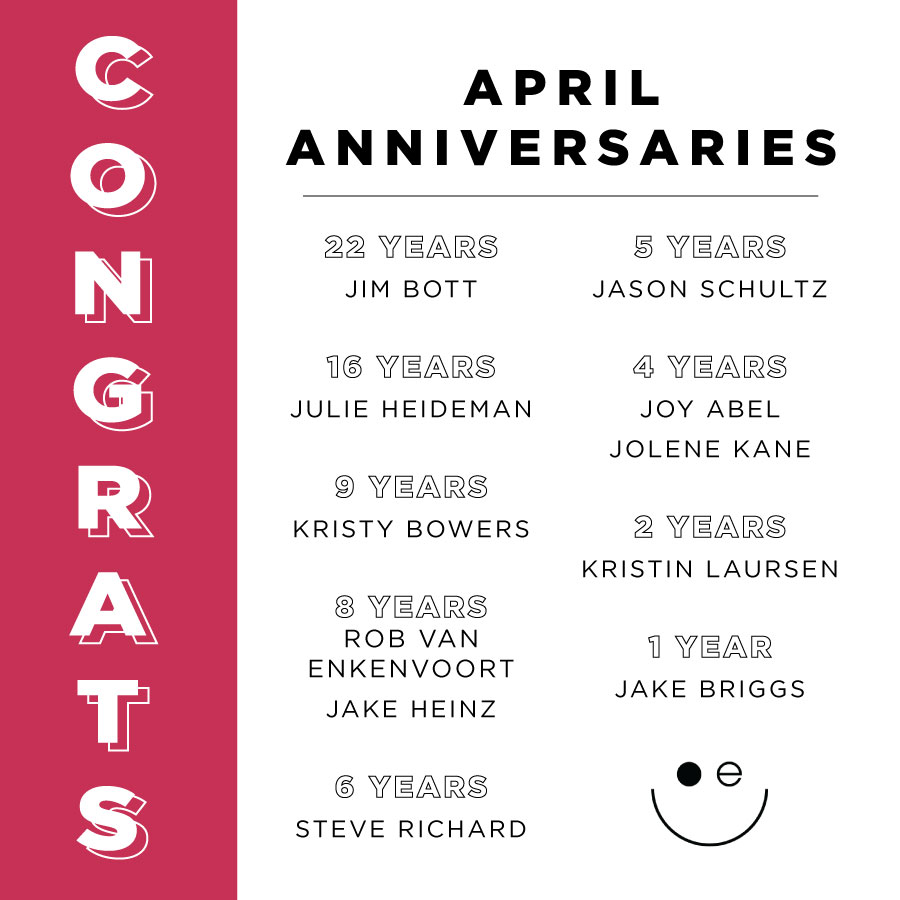 Congratulations to all of our April work anniversaries! #letselevate