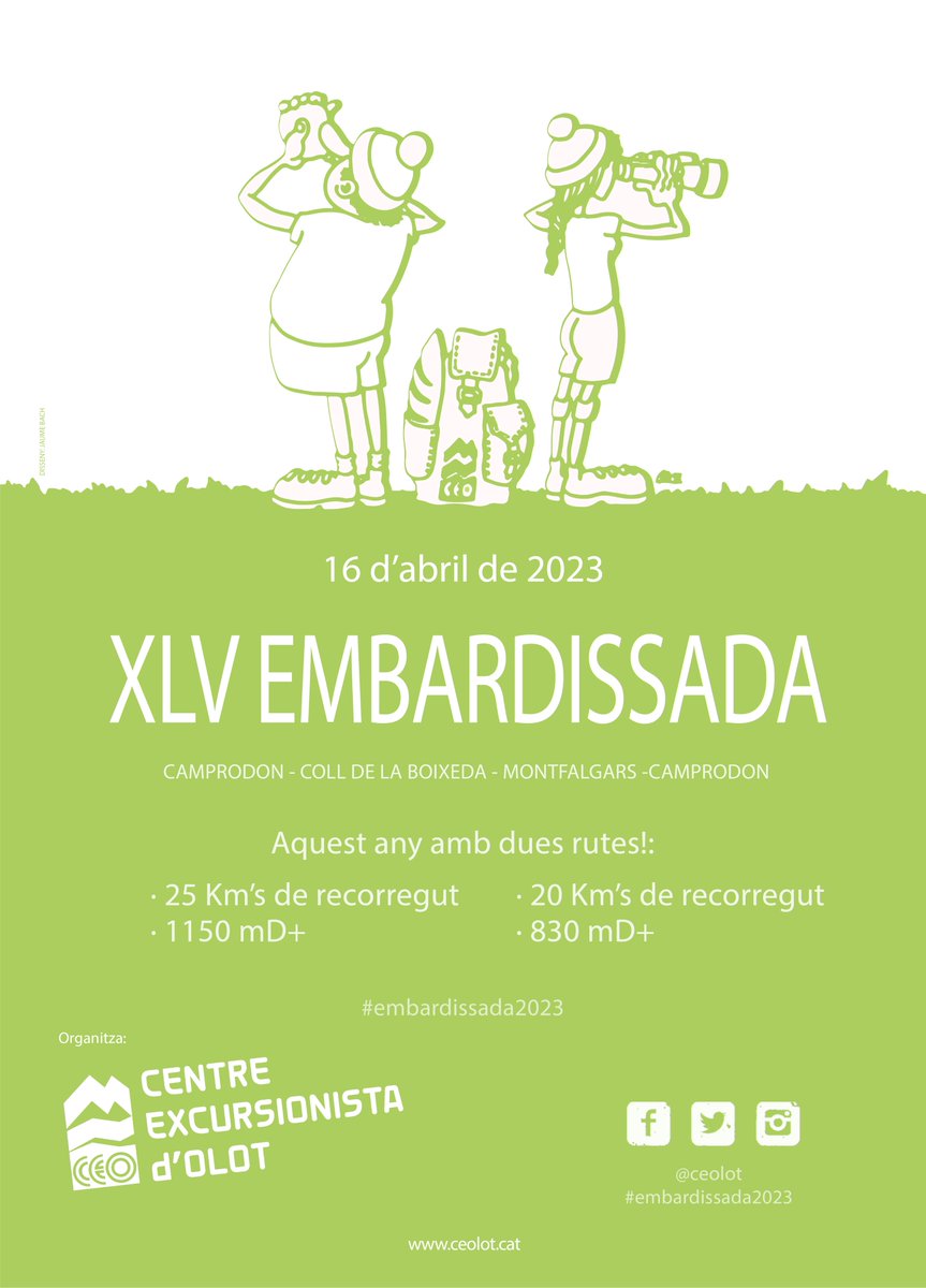 ceolot's tweet photo. Es va acostant el gran dia per embardissar-se pels camins de l'Alta Garrotxa, no deixis escapar la XLV Embardissada el 16 d'abril!⏳🏞️
⚠️Inscripcions obertes fins dissabte dia 15.
•
📝 Inscriu-te a https://t.co/bhL0naCHFX
•
#embardissada #embardissada2023 #SomCEOlot #CEOlot https://t.co/aI8FpYF75P