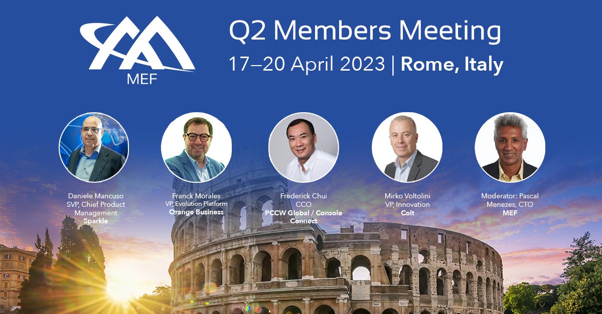 Take a look at the fantastic speakers we have lined up for the panel "MEF and Secure Network-as-a-Service" taking place during the #OpeningPlenary at the Q2 Members Meeting in #Rome on 18 April at 14:00 pm CEST / 8 am EDT.

Register now: hubs.li/Q01DjL1K0