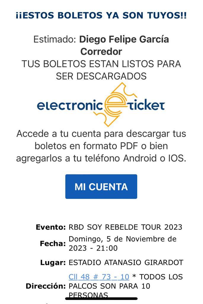 DIEGOGAR1112's tweet photo. @FCRBDCOL @OcesaColombia @eticketCOL @RBD_oficial 
ACTUALIZACION BOLETAS RBD TERCERA FECHA 5 NOVIEMBRE MEDELLIN: VENDO LA ULTIMA BOLETA NORTE ALTA TERCERA FECHA. Lista para transferencia inmediata. Está a mi nombre como se ve en la imagen. Precio justo. INFO DM O WA 3102275780 https://t.co/b32o4jr086