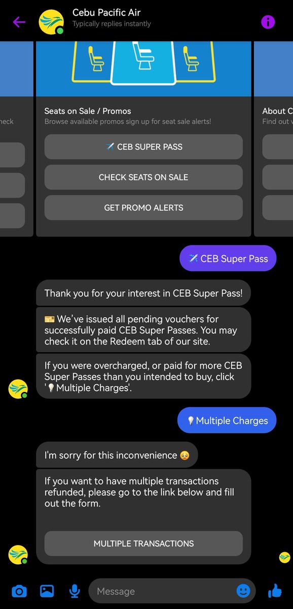 Kim_Chi_is_Geuk's tweet photo. TO ALL WHO HAVE EXPERIENCED MULTIPLE CHARGES FROM @CebuPacificAir
They have updated their messenger bot wherein you can send a form and input all your reference no.s and choose what to refund and what to retain:
#CEBSuperPass https://t.co/OmhWrnIEP5