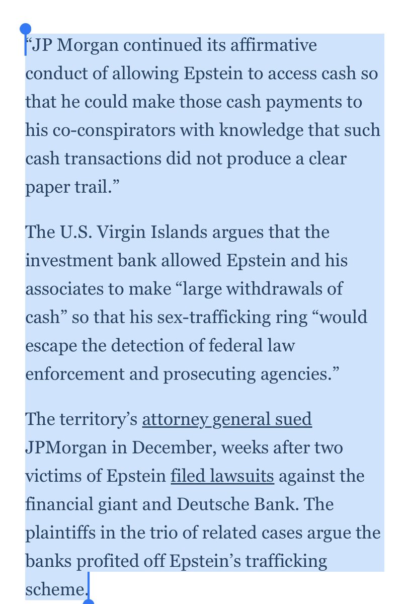 LizCrokin's tweet photo. Last week, the U.S. Virgin Islands AG issued subpoenas to several wealthy men for communications related to the JP Morgan Bank and Epstein including Google billionaire Sergey Brin, Hyatt Hotels executive chairman Thomas Pritzker, media billionaire Mortimer Zuckerman, and former talent agent Michael Ovitz. In the suit, it alleges JP Morgan was well-aware that there were public allegations that his illegal conduct was facilitated by several named co-conspirators; however, JP Morgan concealed from the federal government its numerous cash payments to those co-conspirators. So the question remains, were said billionaires subpoenaed because they were Epstein’s co-conspirators?
https://t.co/EogoILxWGm