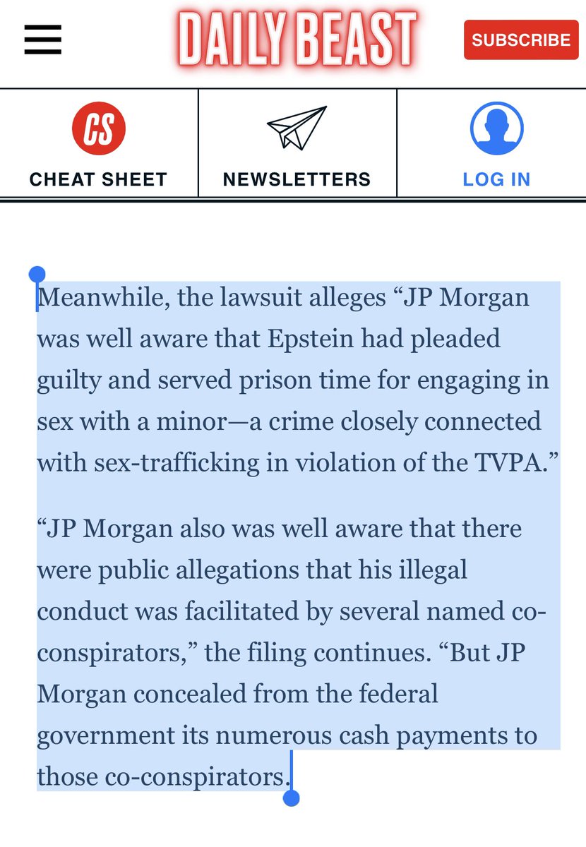 LizCrokin's tweet photo. Last week, the U.S. Virgin Islands AG issued subpoenas to several wealthy men for communications related to the JP Morgan Bank and Epstein including Google billionaire Sergey Brin, Hyatt Hotels executive chairman Thomas Pritzker, media billionaire Mortimer Zuckerman, and former talent agent Michael Ovitz. In the suit, it alleges JP Morgan was well-aware that there were public allegations that his illegal conduct was facilitated by several named co-conspirators; however, JP Morgan concealed from the federal government its numerous cash payments to those co-conspirators. So the question remains, were said billionaires subpoenaed because they were Epstein’s co-conspirators?
https://t.co/EogoILxWGm