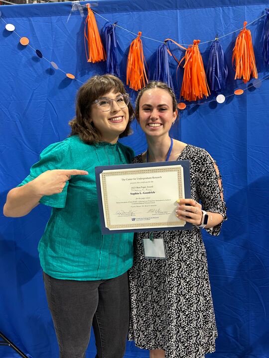 LowDispersity's tweet photo. Congratulations to Maddie Ross and @SoGoodrich for winning the Best Paper Award at the 2023 UF Undergraduate Research Day! @Brent_Sumerlin @ButlerPolymer @UFChemistry https://t.co/lk1CmsqCpY